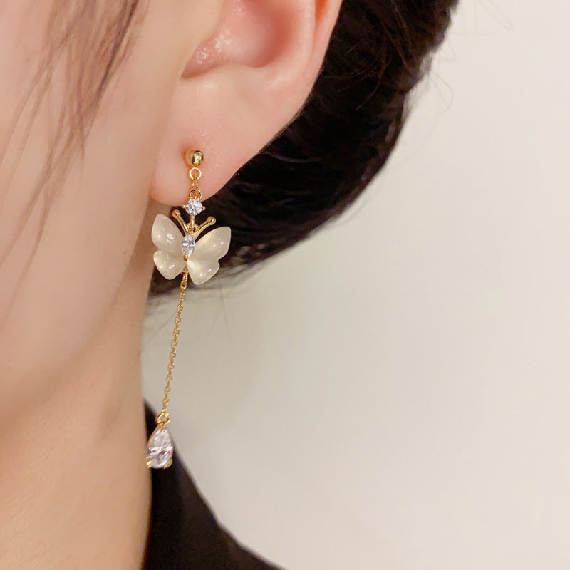 14K Gold-plated Chic Cat's Eye Butterfly Long Tassel Earrings