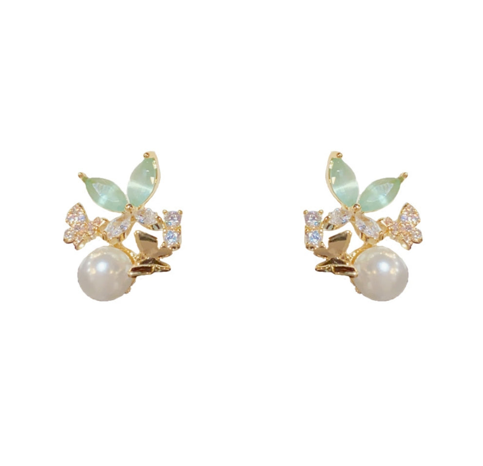 925 Silver Needle Design Zircon Butterfly Pearl Stud Earrings