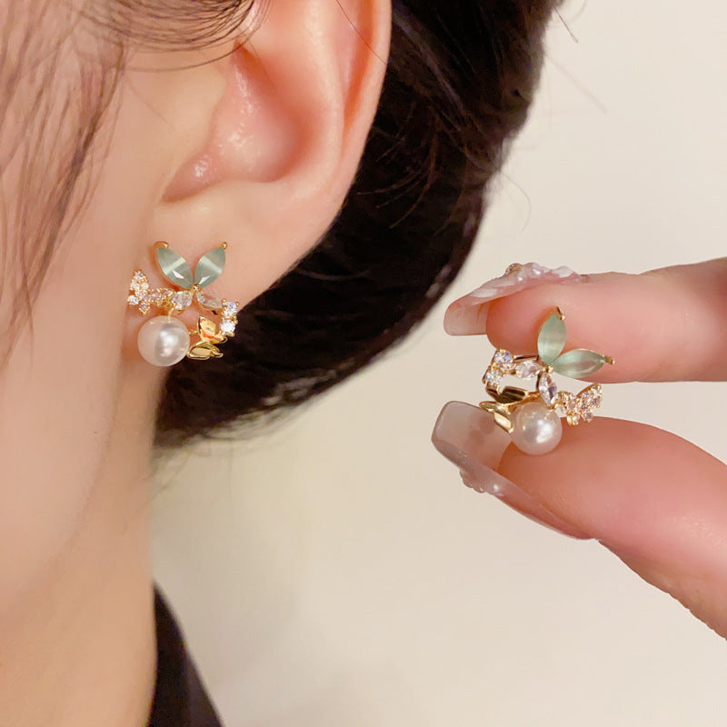 925 Silver Needle Design Zircon Butterfly Pearl Stud Earrings